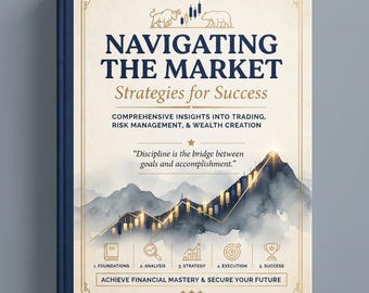 Puede incluir: Un libro titulado Navigating the Market: Strategies for Success. La portada presenta un icono de toro y oso, un gráfico de velas del mercado de valores sobre una cordillera y el texto: Discipline is the bridge between goals and accomplishment.