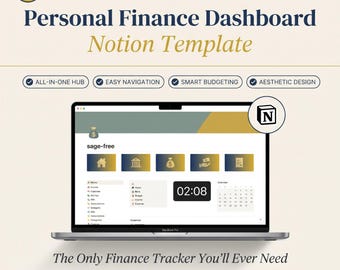 Puede incluir: Una plantilla de Notion para el Panel de Finanzas Personales 2026 mostrada en una pantalla de portátil. La interfaz incluye un encabezado sage-free, iconos de navegación, un reloj digital que marca las 02:08 y un calendario. El texto incluye All-in-one hub, Easy navigation, Smart budgeting, Aesthetic design y The Only Finance Tracker You'll Ever Need.