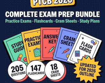 Puede incluir: Un paquete completo de preparación para el examen PTCB 2026 con cinco guías de estudio coloridas etiquetadas como Study Guide, Practice Exams, Answer Key, Cram Sheets y Flashcards. Incluye 205 preguntas, 147 tarjetas y 18 hojas de resumen.