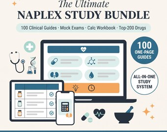 Puede incluir: Un paquete de estudio digital para la preparación del examen NAPLEX con una computadora portátil, tableta y teléfono inteligente que muestran iconos médicos, listas de medicamentos y calculadoras. El texto incluye PHARMD NAPLEX EXAM PREP y más.