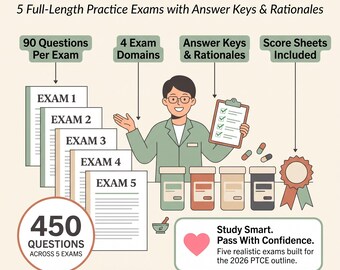 Puede incluir: Un gráfico digital para el PTCB 2026 Mock Exam Bundle que incluye cinco exámenes de práctica, 450 preguntas en total, claves de respuestas, explicaciones y hojas de puntuación. Un profesional ilustrado sostiene un portapapeles.