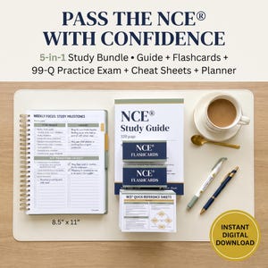 May include: A 5-in-1 NCE study bundle featuring a spiral-bound planner measuring 8.5 by 11 inches, an NCE study guide, two boxes of NCE flashcards, and NCE quick-reference sheets. The set includes text reading PASS THE NCE WITH CONFIDENCE.