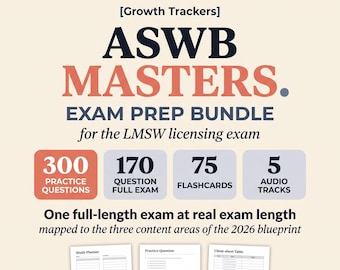 Puede incluir: Un paquete de preparación para el examen ASWB Masters para la licencia LMSW, actualizado para el plan de estudios 2026. Incluye 300 preguntas de práctica, un examen completo de 170 preguntas, 75 tarjetas, 5 pistas de audio y planificadores. PDF.