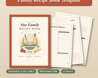Puede incluir: Una plantilla digital de libro de recetas familiar con una portada que muestra una ilustración de un bol, un batidor y una cuchara. El texto dice Our Family Recipe Book, Recipes, Memories, Traditions. Incluye páginas de menú.