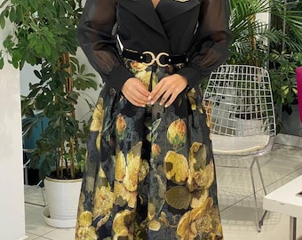 Evening Peplum Belted Dress / Floral Designers Gown / Women Fashion Long Dress.