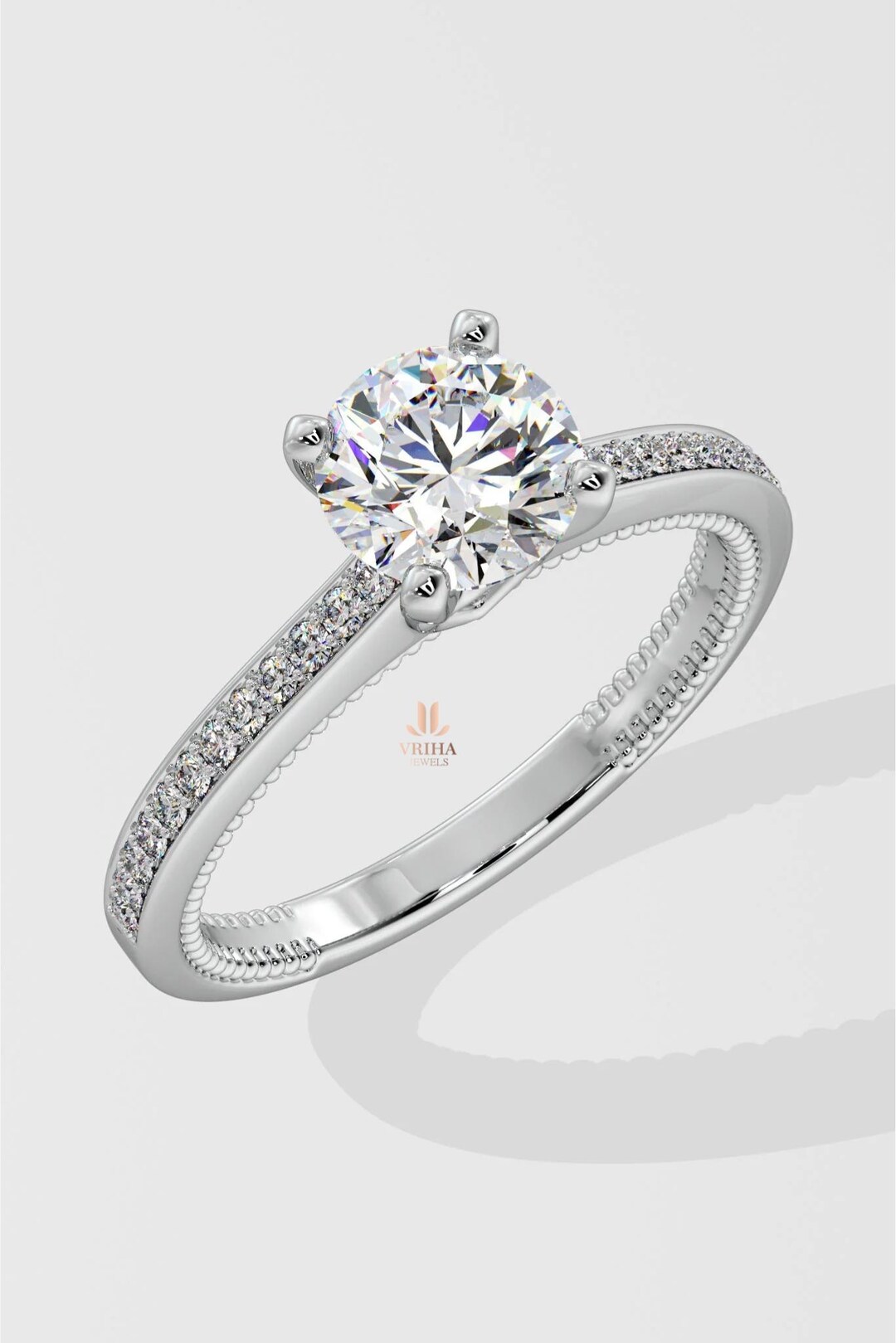 Round Cut D-VVS Lab Grown Diamond Pavé Solitaire Ring, 14K Gold, IGI ...