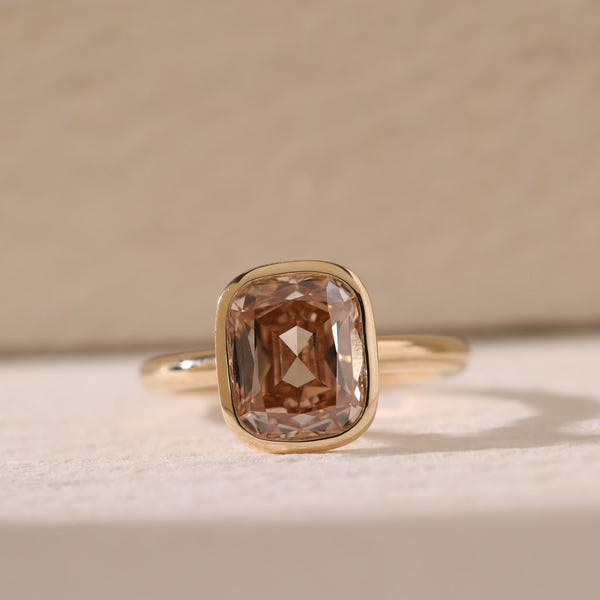 Cushion Cut Brown Moissanite Engagement Ring, Bezel Set, 18K Yellow Gold Band