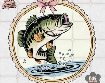 Coquette Bass Fish PNG, Vintage Fishing Bow Sublimation, Coastal Granddaughter Art(Digital Download)