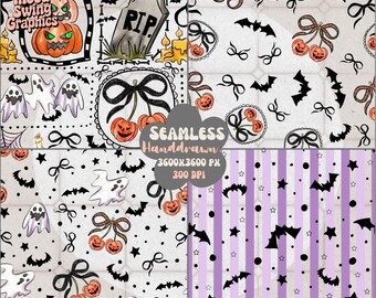 Coquette Halloween Seamless Pattern PNG, Spooky Digital Paper, Pastel Goth Fabric Print (Digital Download)