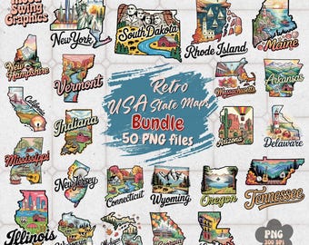 50 USA State Maps PNG Bundle, Retro US Sublimation, Hometown Pride Vintage Art(Digital Download)