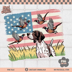 May include: A digital illustration of a hunting dog with brown and white markings, observing several pheasants in flight. The background features an American flag and tall grass. The text "Mood Swing Graphics" is in the upper left corner.