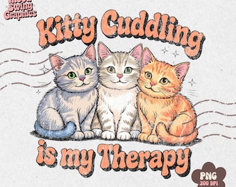 Retro Cat Cuddling Therapy PNG: Mental Health Awareness (Digital Download