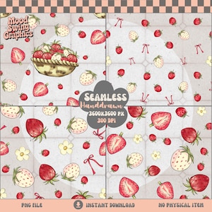 Strawberry Seamless Pattern PNG, Coquette Bow Pape, Summer Fruit Fabric Print (Digital Download)