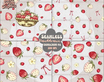 Strawberry Seamless Pattern PNG, Coquette Bow Pape, Summer Fruit Fabric Print (Digital Download)