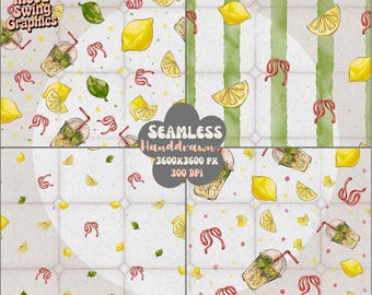 Matcha Lemon Seamless Pattern, Handdrawn Summer Drink Digital Paper (Digital Download)