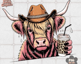 Western Highland Cow PNG, Leopard Iced Coffee Sublimation, Retro Cowgirl Art(Digital Download)