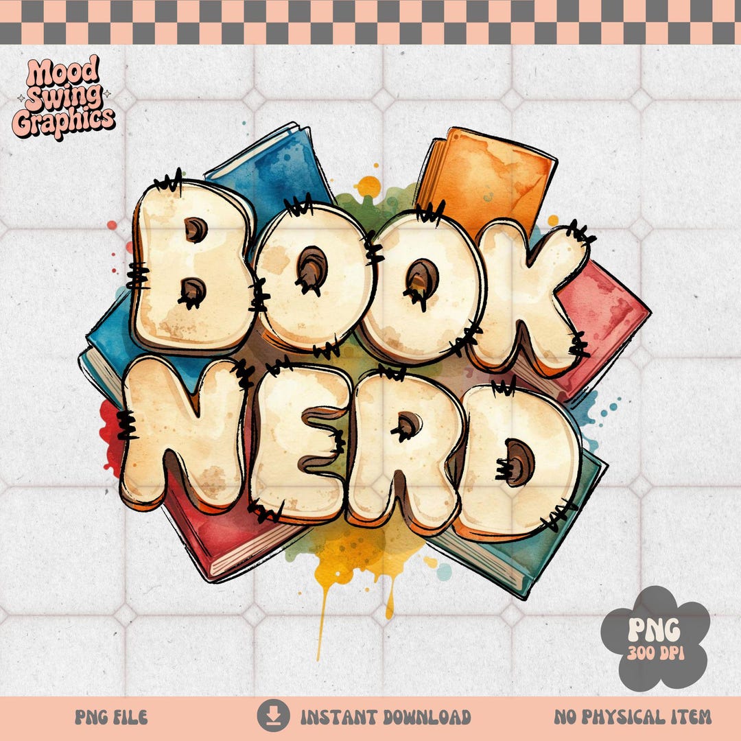 Book Nerd PNG, Retro Stitched Letters Bookish Sublimation, Colorful ...