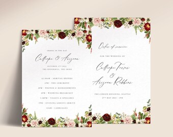 Printable Burgundy and Dusky Pink Flowers Wedding Order of the Day & Order of Service Booklet - Woodland