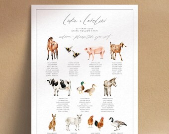 Printable Watercolour Farm Animal Table Plan for Wedding - Pasture