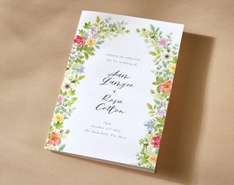 Printable Floral Arch Wedding Order of Service Booklet with Bright Flowers - Pastel Garden Party