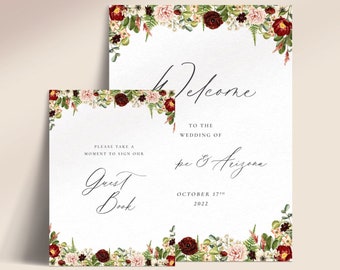 Printable Burgundy and Dusky Pink Flowers Wedding Signs with Fern - Woodland