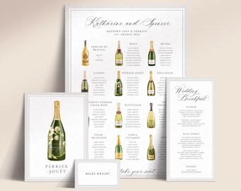 Printable Champagne Bottle Wedding Reception Stationery (Menu, Place Cards, Table Plan, Table Names/Numbers) - Champagne