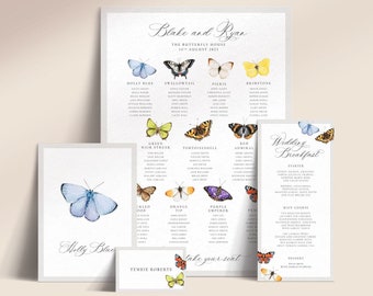 Printable Butterfly Wedding Reception Stationery (Menu, Place Cards, Table Plan, Table Names/Numbers) - Butterflies