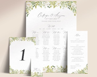 Printable Eucalyptus Wedding Reception Stationery with White Roses (Menu, Place Cards, Table Plan, Table Names/Numbers) - Eucalyptus