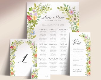 Printable Bright Pastel Floral Arch Wedding Reception Stationery (Menu, Place Cards, Table Plan, Table Names/Numbers) - Pastel Garden Party