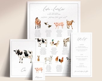 Printable Farm Animal Wedding Reception Stationery (Menu, Place Cards, Table Plan, Table Names/Numbers) - Pasture