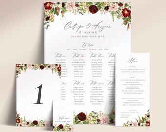 Printable Burgundy and Pink Floral Wedding Reception Stationery with Fern (Menu, Place Cards, Table Plan, Table Names/Numbers) - Woodland