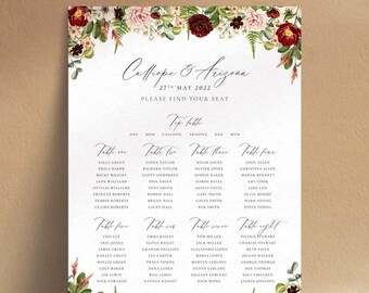 Printable Burgundy and Pink Floral Wedding Table Plan Board - Woodland