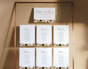 Printable Burgundy and Pink Floral Wedding Table Plan Cards - Woodland