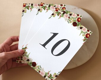 Printable Burgundy and Pink Floral Wedding Table Numbers/Names with Fern - Woodland