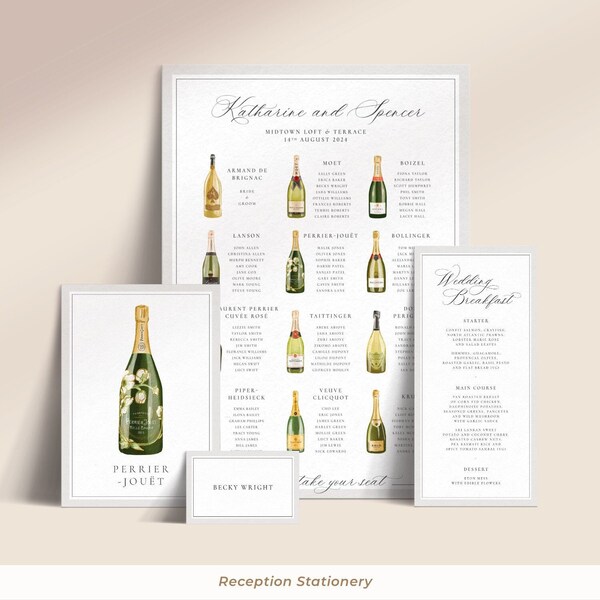 Printable Champagne Bottle Wedding Reception Stationery (Menu, Place Cards, Table Plan, Table Names/Numbers) - Champagne