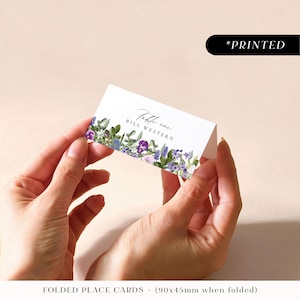 Marque-places de mariage fleurs violettes printanières, cartes de visite imprimées pour invités, cartes de visite plates ou pliées améthyste et jardin vert