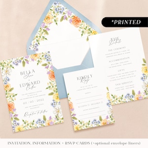 Pastel flowers wedding invitations, romantic vintage floral printed invites, soft pastel wildflower invitation, details and rsvp cards