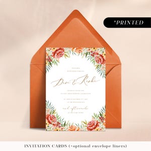 Burnt orange fall wedding invitations, autumnal floral professionally printed invites, warm orange peony wedding invitation cards