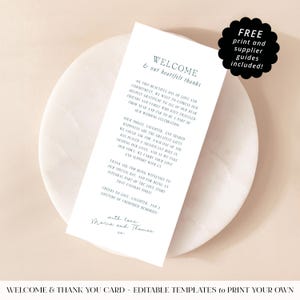 Editable Wedding Welcome and Thank You Card Template. Instant Digital Download. Printable Thank You. Welcome Note Napkin Card. MAR01