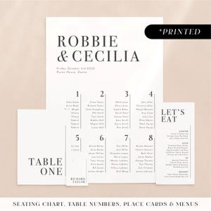 Minimal modern wedding invitations, bold typographic printed day-of stationery, simple monochrome wedding reception cards
