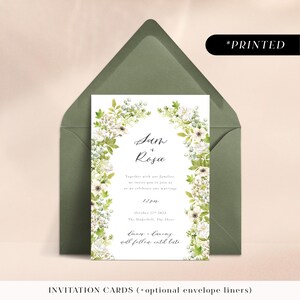 Green flower arch wedding invitations, floral arch printed invites, lush botanical foliage wedding invitation cards