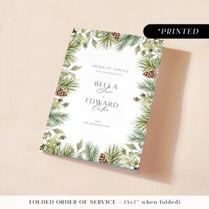 Winter Tannenzapfen Hochzeitszeremonie Programm, natürliche rustikale Kiefer gedruckt Bestellung von Service-Booklet, festliche Weihnachtshochzeit Reiseplan Karten
