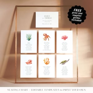 Editable Wedding Table Plan Cards. Small Sealife Seating Chart Cards. Instant Download Printables. Marine Sea Life Ocean Animal Theme. MAR01