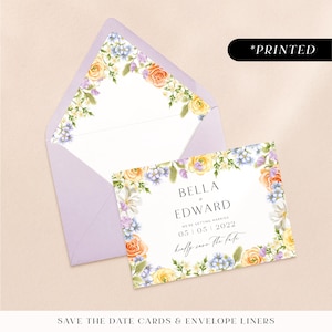 Pastel flowers wedding save the date cards, romantic vintage floral printed save the dates, soft pastel wildflower save our date cards