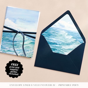 May include: A printable wedding invitation set with a watercolor ocean scene. The invitation features the names "Maria Edwards & Thomas" in a light gray font. The envelope liner and vellum overlay are also included. Free print and supplier guides are included.