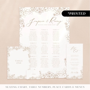 Minimal gold wedding reception stationery with tropical flowers, printed day-of stationery, wedding reception card set