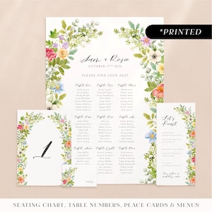 Colourful flower arch wedding reception stationery, floral arch printed day-of stationery, botanical foliage wedding reception cards