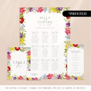 Colourful flowers wedding reception stationery, bright floral printed day-of stationery, bold summery wedding reception card set