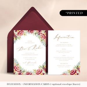 Burgundy fall wedding invitations with peonies, autumnal printed invites, floral maroon wedding invitation and details card