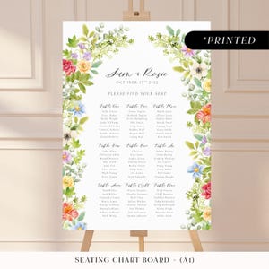 Groot bord met grote zitplaatsen met bloemenboog, bedrukt tafelplanbord met bloemenboog, plattegrondkaarten bruiloft bruiloft